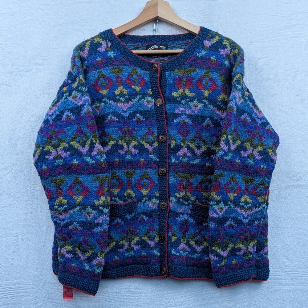 VTG Lost Horizons Cardigan Women's XL Blue Fair Isle Wool Hand Knit Sweater 90s